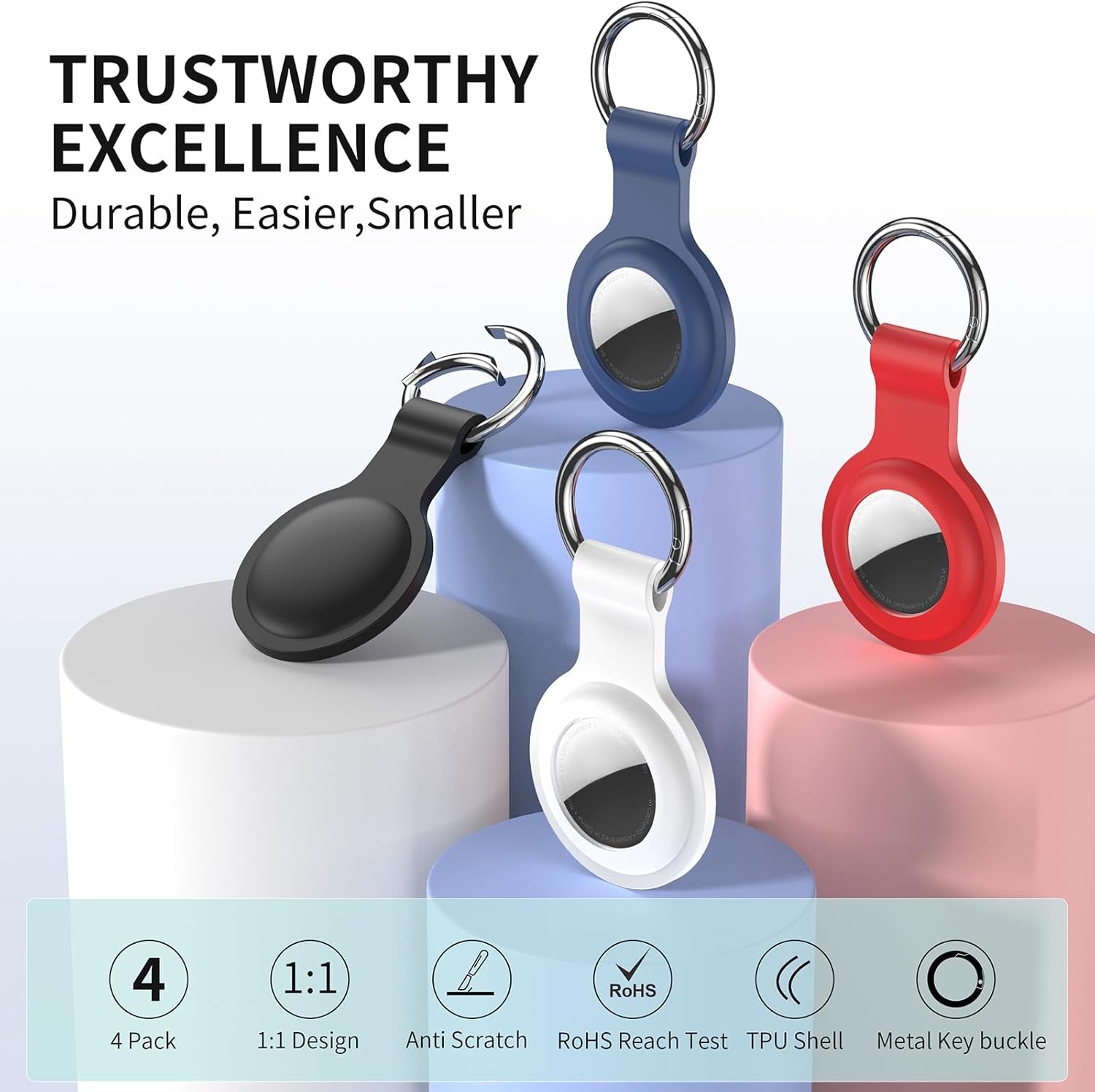 4 Pack for Airtag Keychain, with Soft Silicone Airtags Holder Protective Cases Cover Key Ring, Compatible with Apple Airtag 1St & 2Nd Generation for Kids,Luggage,Keys,Dog Collar